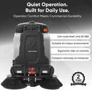 Dapper Supply ride-on sweeper infographic showing 65 dBA quiet operation and 2-year warranty.
