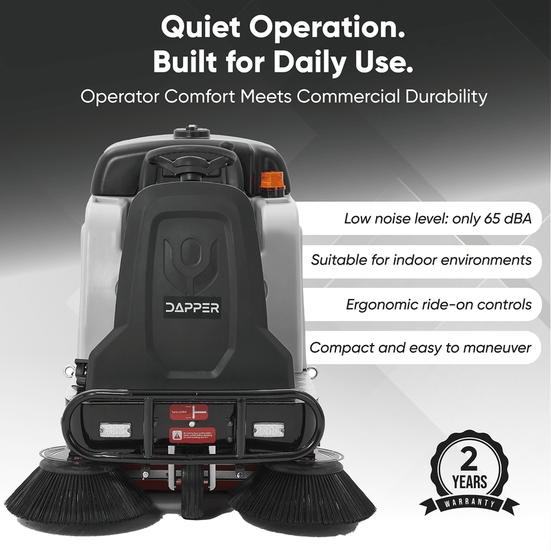 Dapper Supply ride-on sweeper infographic showing 65 dBA quiet operation and 2-year warranty.