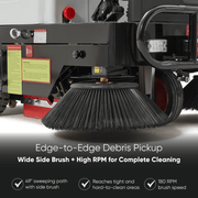 Dapper Supply ride-on sweeper infographic showing the wide side brush and 180 RPM brush speed.
