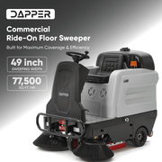 Dapper Supply ride-on sweeper infographic showing 49-inch sweeping width and 77,500 sq ft per hour.