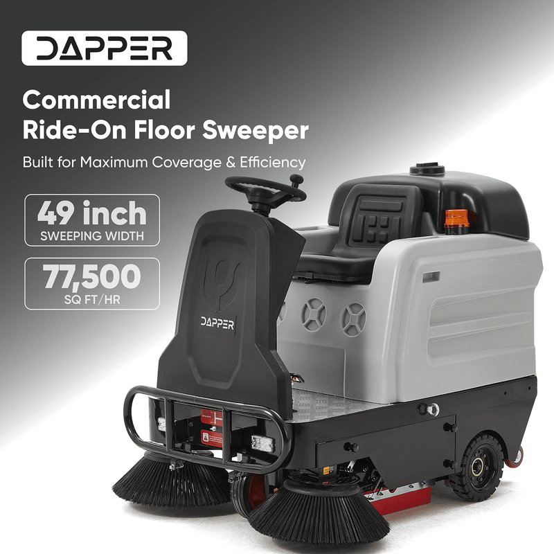 Dapper Supply ride-on sweeper infographic showing 49-inch sweeping width and 77,500 sq ft per hour.