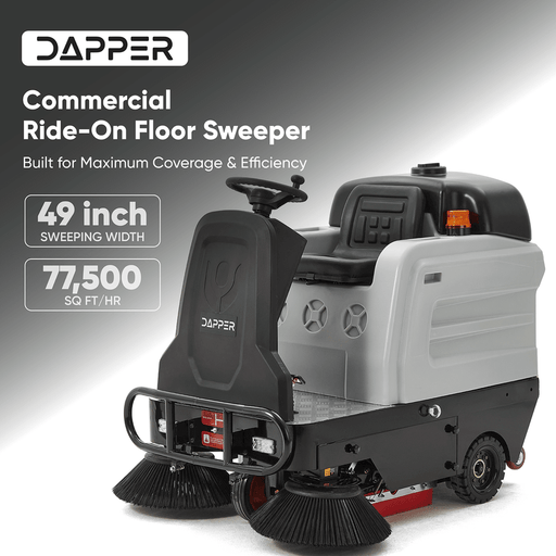 Dapper Supply ride-on sweeper infographic showing 49-inch sweeping width and 77,500 sq ft per hour.