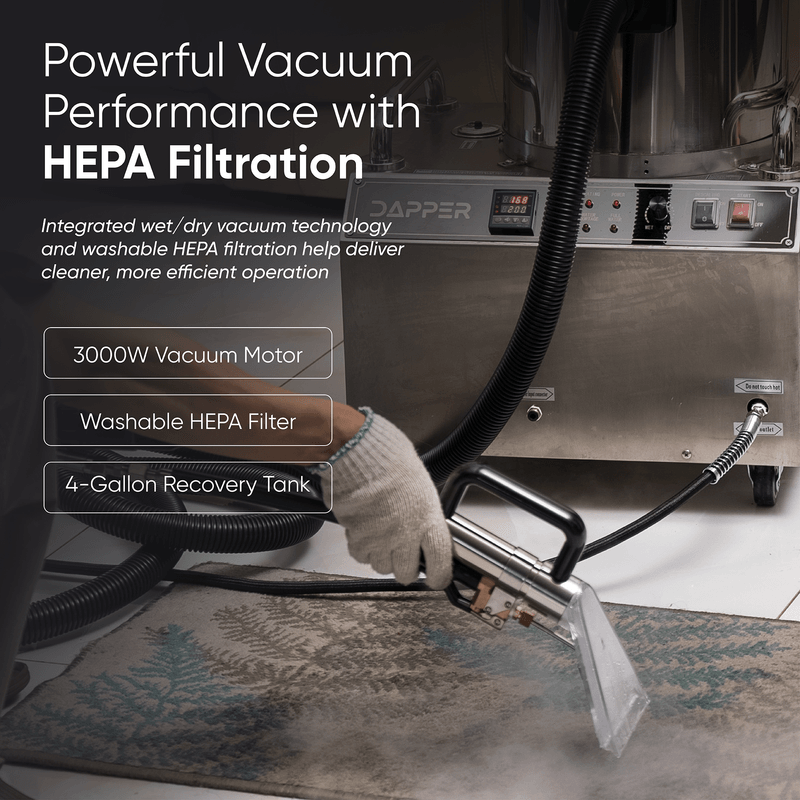 Dapper Supply commercial steam cleaner wet dry vacuum with HEPA filtration details.