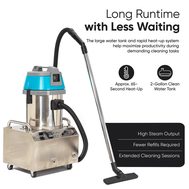 Dapper Supply commercial steam cleaner long runtime and fast heat-up highlights.