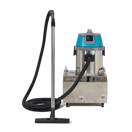 Dapper Supply commercial steam cleaner side view with vacuum hose and wand.
