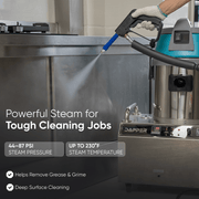 Dapper Supply commercial steam cleaner steam pressure and temperature highlights.