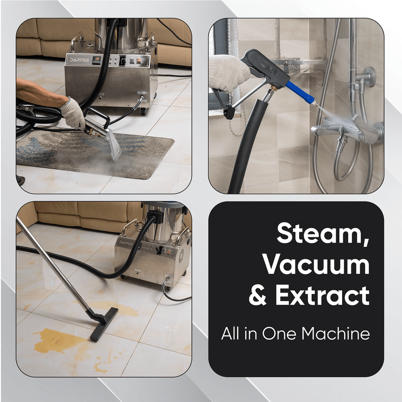 Dapper Supply commercial steam cleaner steam, vacuum, and extract in action.