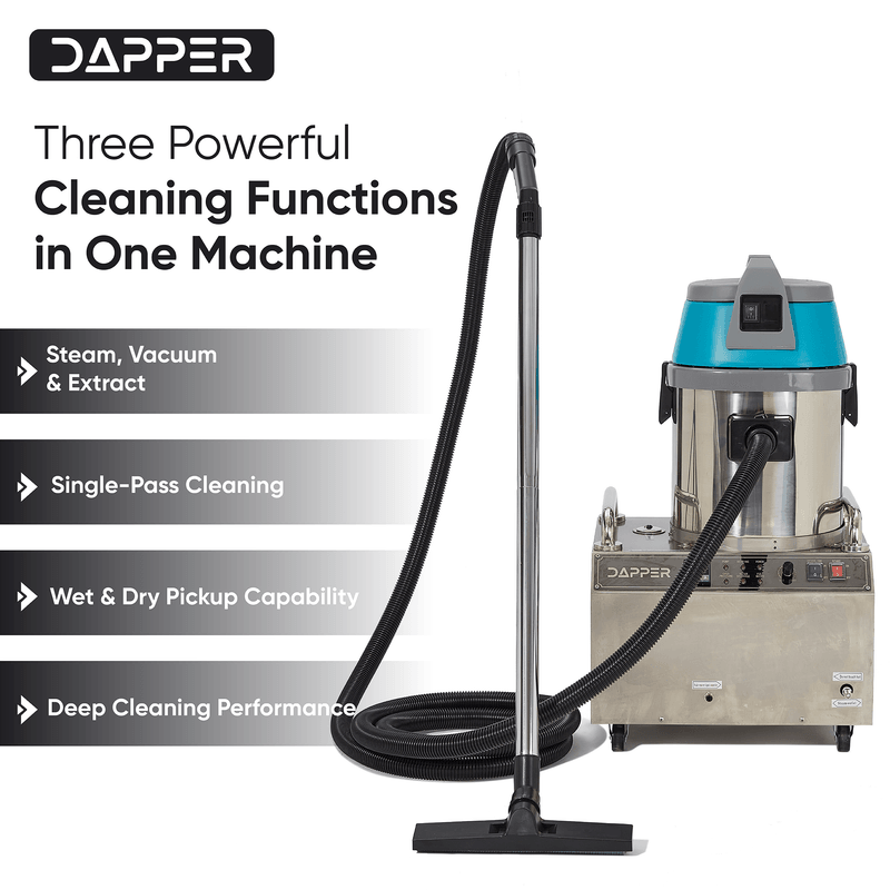 Dapper Supply commercial steam cleaner showing three cleaning functions in one machine.
