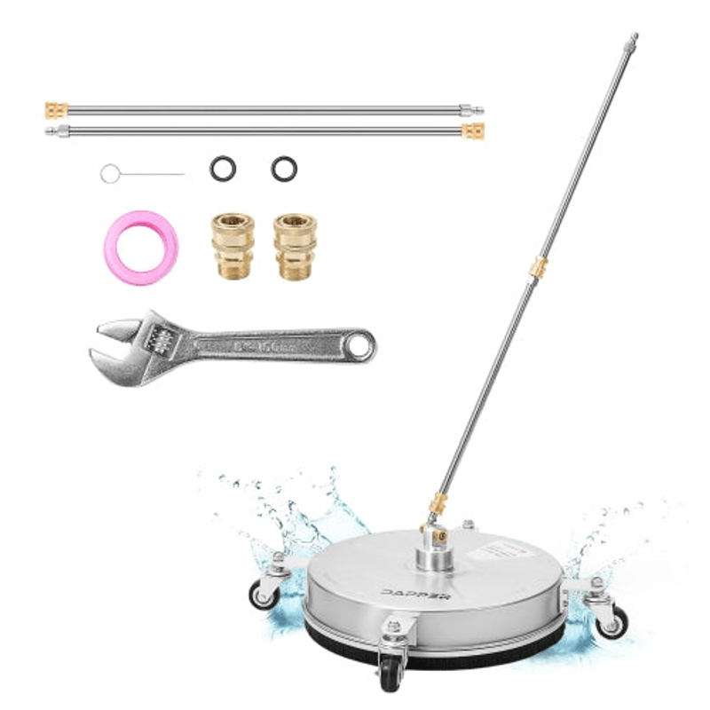 Dapper Supply 15-inch pressure washer surface cleaner with included wands, adapters, and tools.