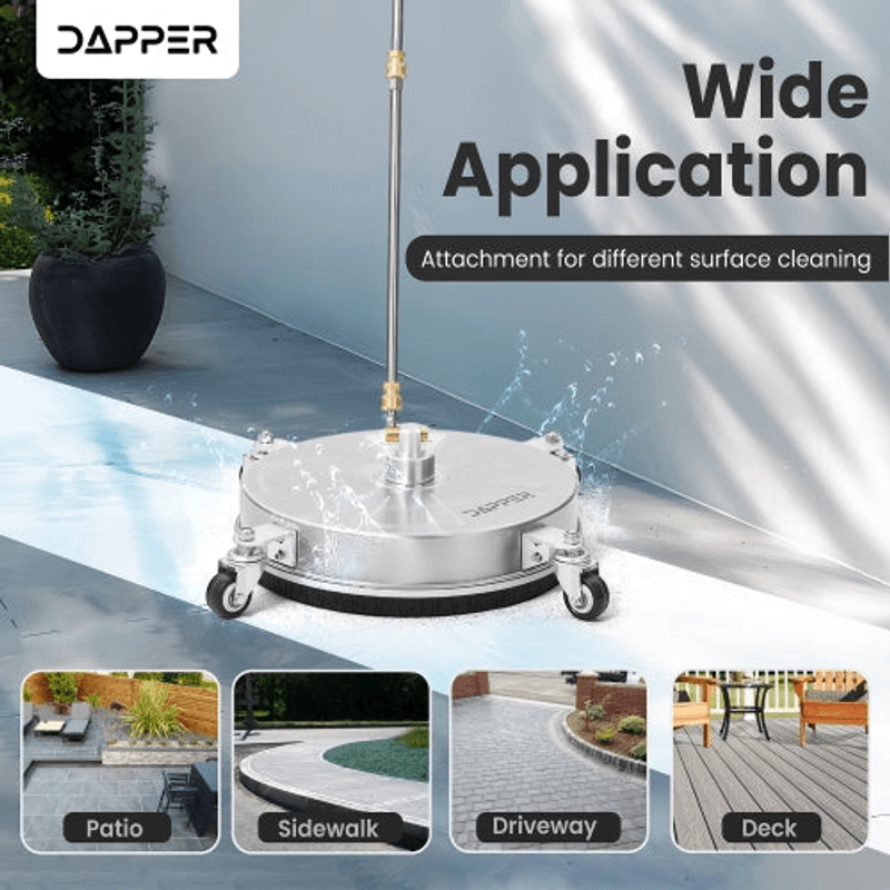 Dapper Supply 15-inch pressure washer surface cleaner cleaning a patio with application examples.