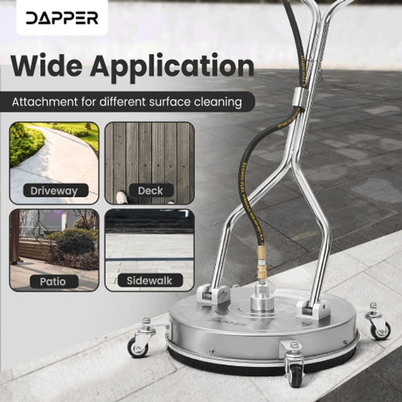 Dapper Supply surface cleaner applications on driveways, decks, patios, and sidewalks.