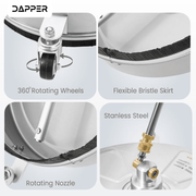 Dapper Supply 15-inch pressure washer surface cleaner wheels, skirt, and stainless build details.