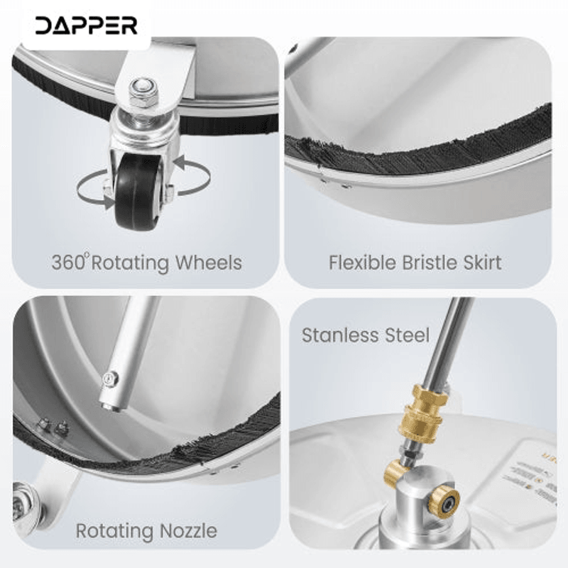 Dapper Supply 15-inch pressure washer surface cleaner wheels, skirt, and stainless build details.