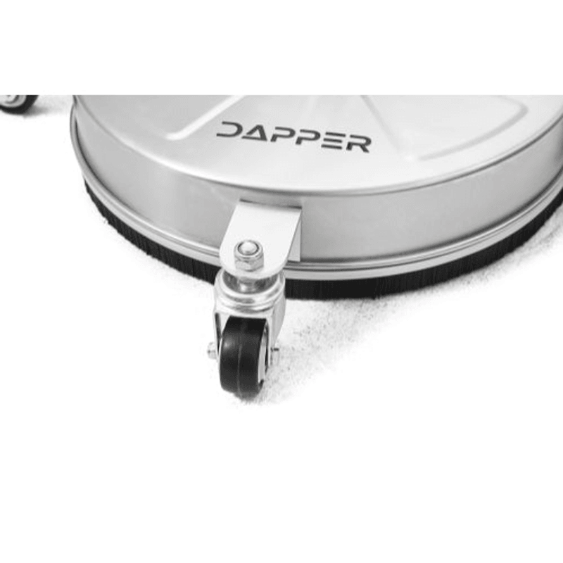 Dapper Supply surface cleaner 360-degree caster wheel close up.