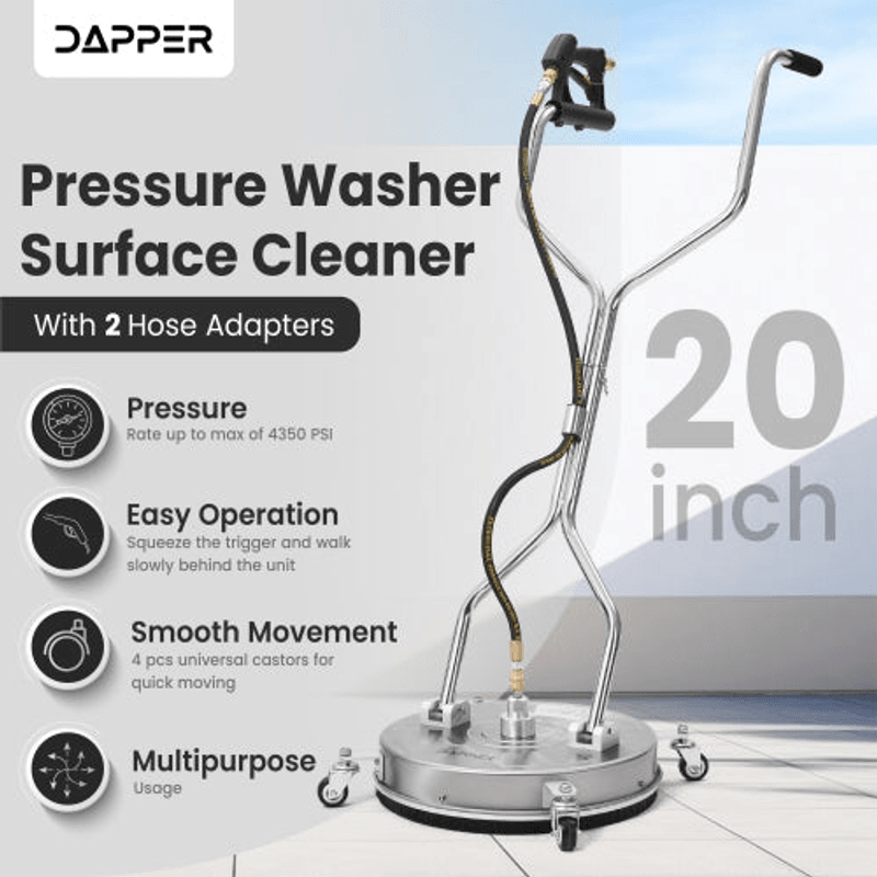 Dapper Supply surface cleaner features showing up to 4350 PSI, easy operation, and 20 inch size.