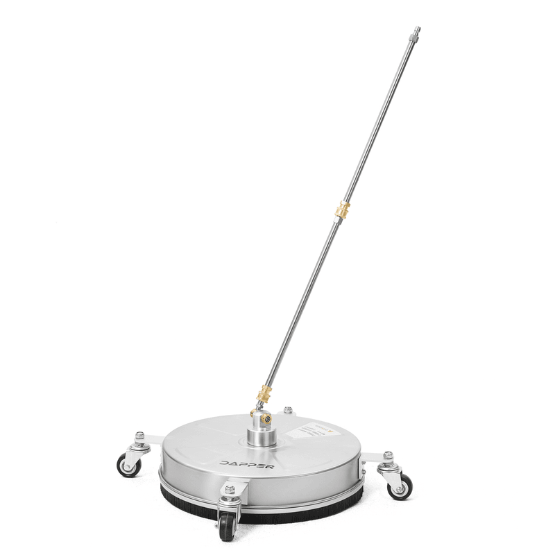 Dapper Supply 15-inch pressure washer surface cleaner front angle with extension wand.