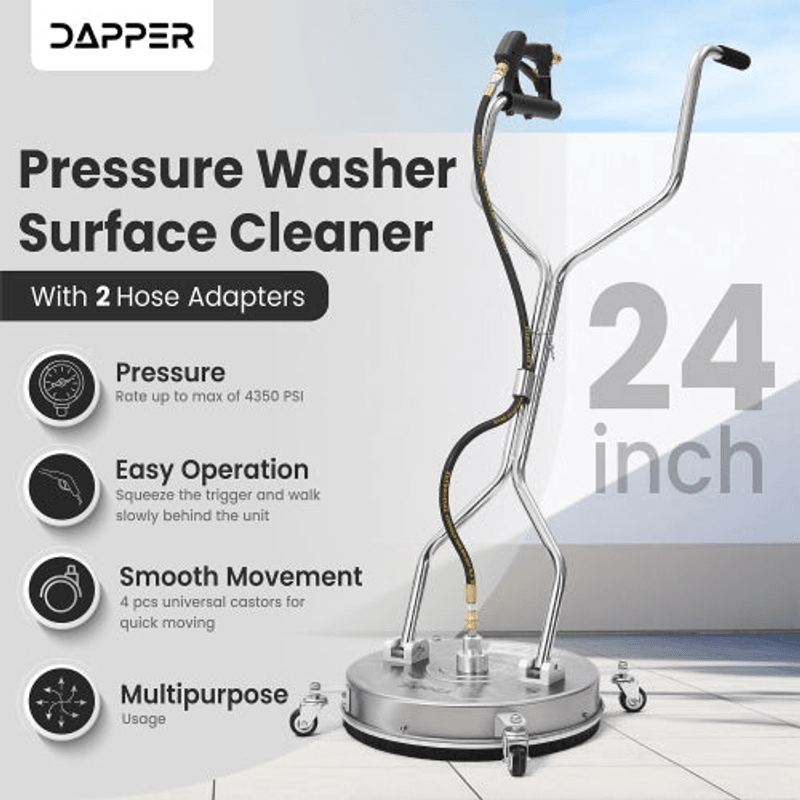 Dapper Supply surface cleaner infographic showing 24-inch size, 4350 PSI max pressure, and casters.