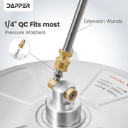 Dapper Supply 15-inch pressure washer surface cleaner quick-connect compatibility details.