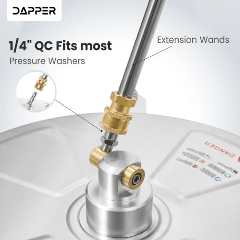 Dapper Supply 15-inch pressure washer surface cleaner quick-connect compatibility details.
