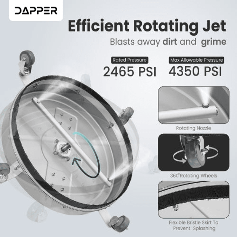 Dapper Supply surface cleaner rotating jet rated 2465 PSI and max 4350 PSI with rotating nozzle and bristle skirt.