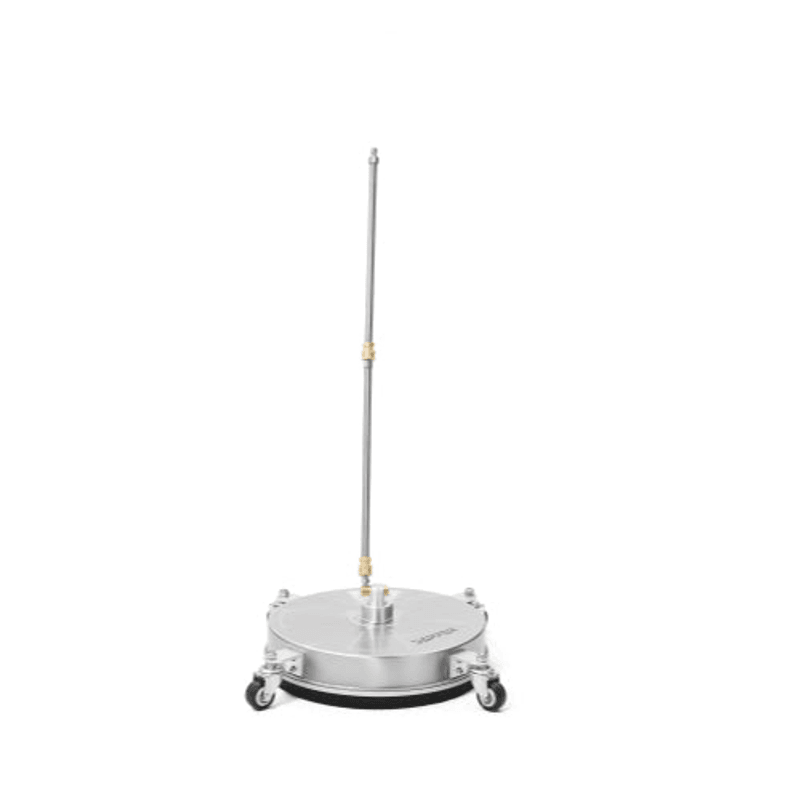 Dapper Supply 15-inch pressure washer surface cleaner upright with assembled wand.