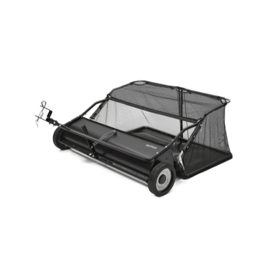 Dapper Supply 48-inch tow behind lawn sweeper angled view with mesh hopper bag.