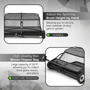 Dapper Supply tow behind lawn sweeper adjustable brush height and non-woven hopper bag.