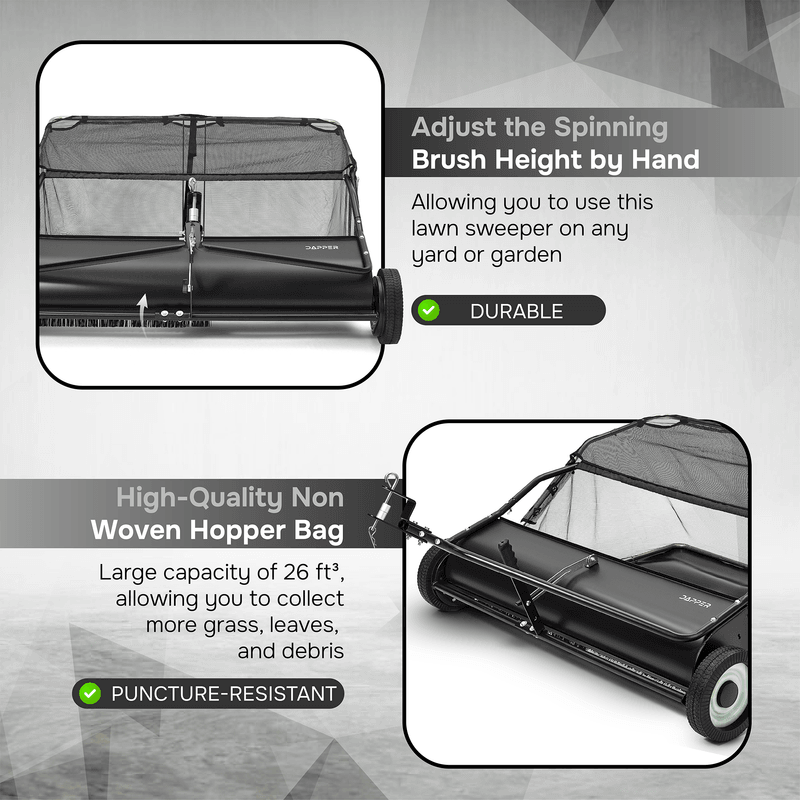 Dapper Supply tow behind lawn sweeper adjustable brush height and non-woven hopper bag.