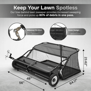 Dapper Supply tow behind lawn sweeper dimensions and 80 percent debris pickup.