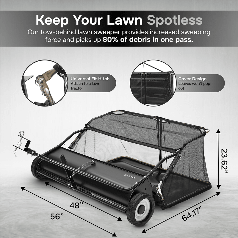 Dapper Supply tow behind lawn sweeper dimensions and 80 percent debris pickup.