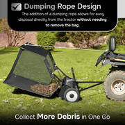 Dapper Supply tow behind lawn sweeper dumping rope design for seat-side emptying.
