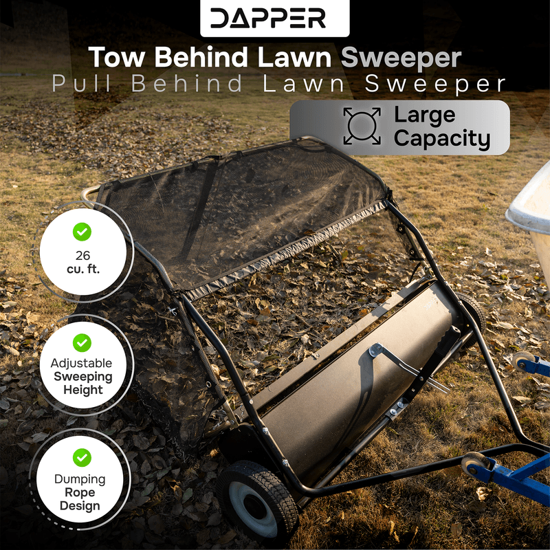 Dapper Supply tow behind lawn sweeper overview with 26 cu ft capacity and adjustable height.