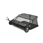 Dapper Supply 42-inch tow-behind lawn sweeper front angle with mesh hopper.