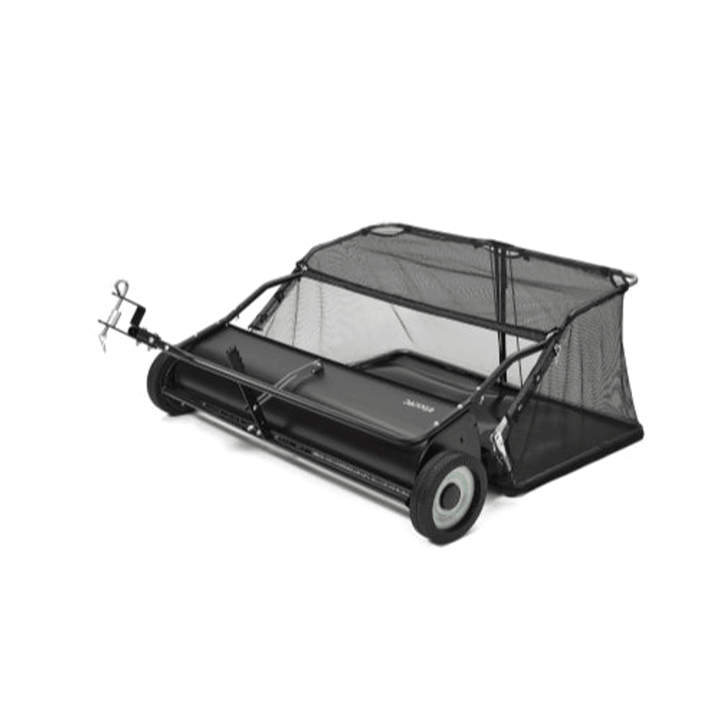Dapper Supply 42-inch tow-behind lawn sweeper front angle with mesh hopper.