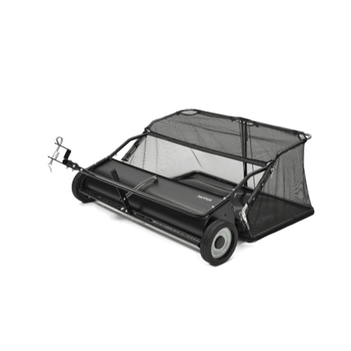Dapper Supply 42-inch tow-behind lawn sweeper front angle with mesh hopper.