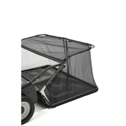 Dapper Supply tow-behind lawn sweeper mesh hopper bag angle view.