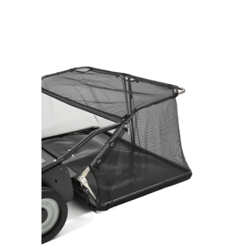 Dapper Supply tow-behind lawn sweeper mesh hopper bag angle view.
