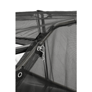 Dapper Supply tow behind lawn sweeper closeup of the mesh hopper bag and clip.