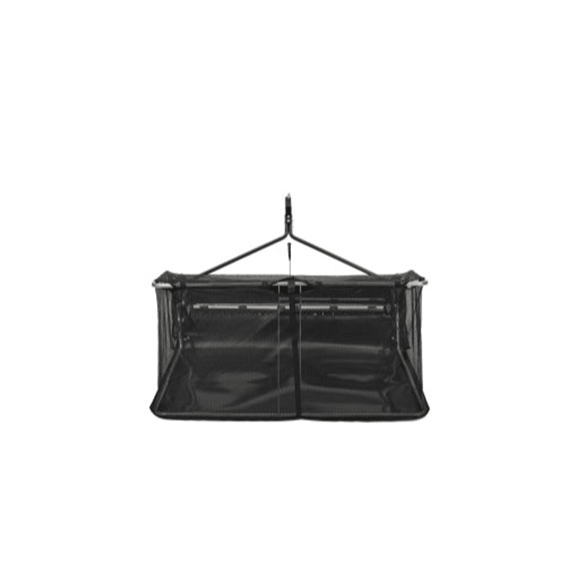 Dapper Supply tow-behind lawn sweeper mesh hopper bag rear view.