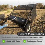 Dapper Supply tow behind lawn sweeper with large 26 cubic foot hopper capacity.