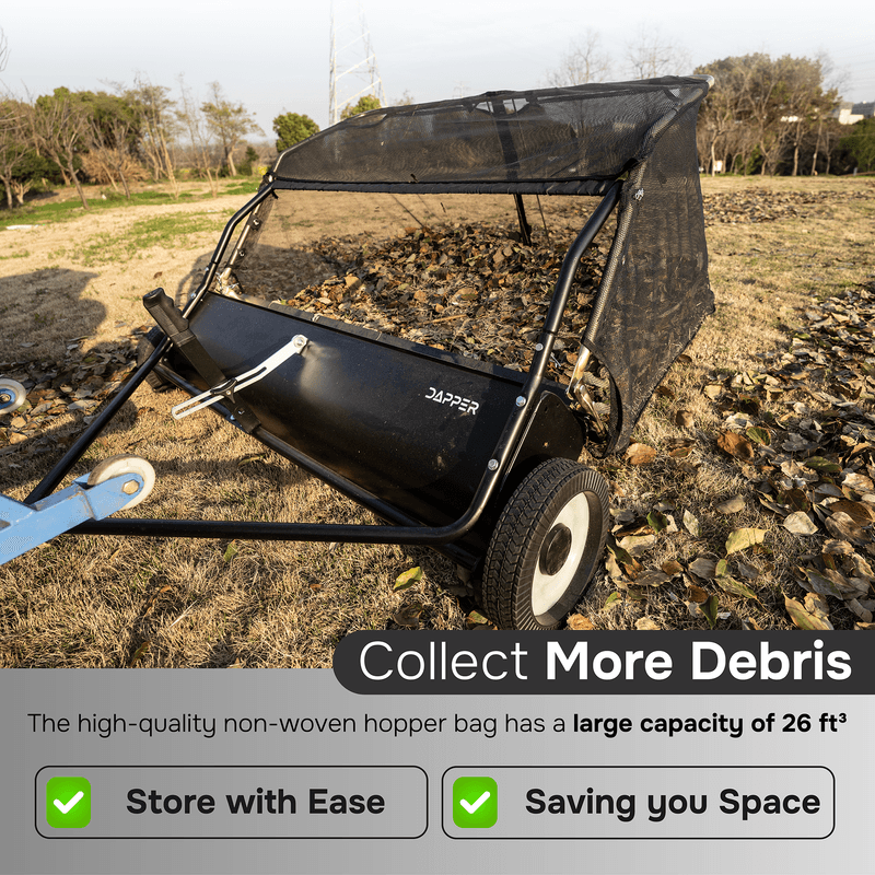 Dapper Supply tow behind lawn sweeper with large 26 cubic foot hopper capacity.
