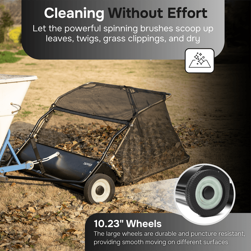 Dapper Supply tow behind lawn sweeper with 10.23 inch puncture-resistant wheels.