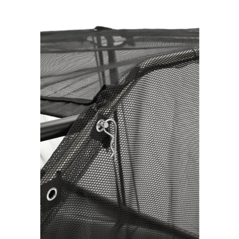 Dapper Supply tow-behind lawn sweeper mesh hopper zipper closeup.
