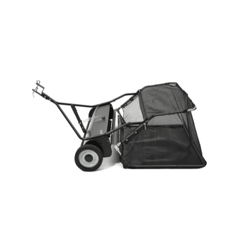 Dapper Supply tow-behind lawn sweeper side view with tow hitch.