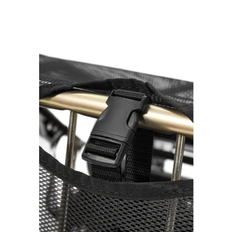 Dapper Supply tow-behind lawn sweeper hopper strap buckle closeup.