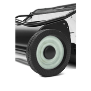 Dapper Supply tow-behind lawn sweeper wheel closeup.