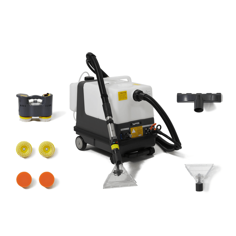 Dapper Supply carpet and upholstery extractor with full accessory kit including brushes and pads.
