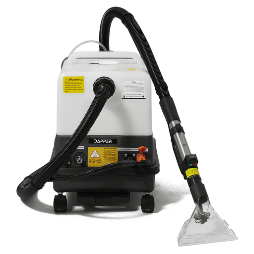 Dapper Supply carpet and upholstery extractor angled view with steam handle and hose.