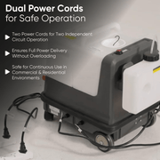 Dapper Supply carpet and upholstery extractor dual power cords for two circuits.