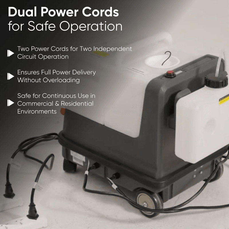 Dapper Supply carpet and upholstery extractor dual power cords for two circuits.
